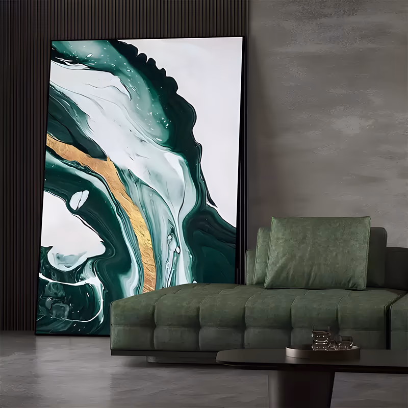 a large vertical abstract painting of emerald green and white marbled currents flowing diagonally up the canvas, a single band of metallic gold running through the lower left, in smooth glossy paint