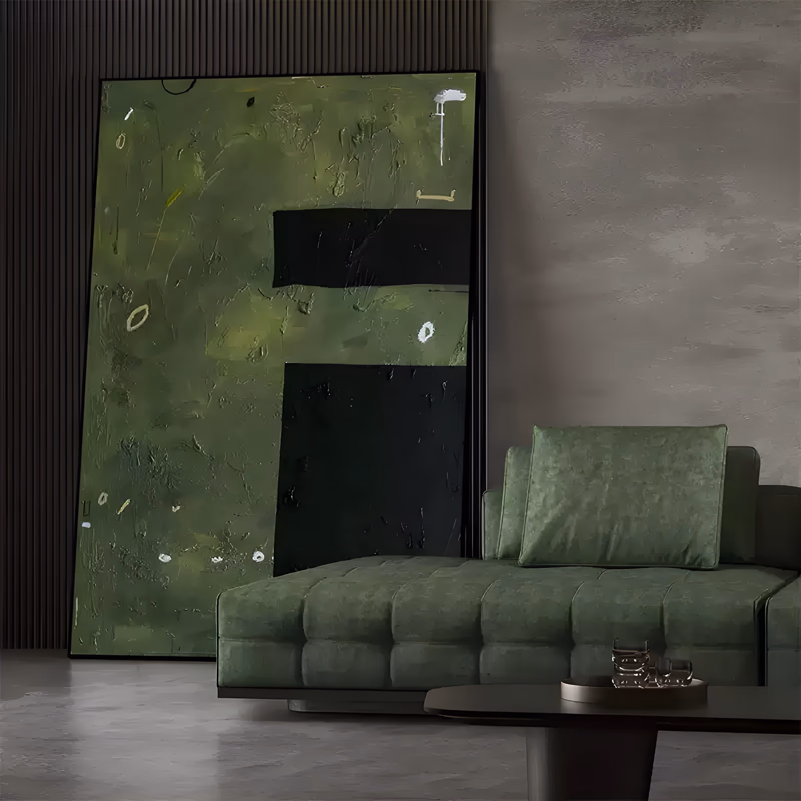 a large vertical abstract painting of two solid black rectangles set against a scratched olive green field, with small white and cream marks scattered at the edges, in heavy scraped impasto
