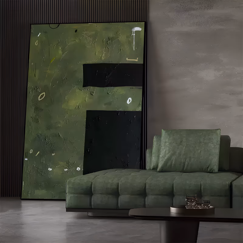 a large vertical abstract painting of two solid black rectangles set against a scratched olive green field, with small white and cream marks scattered at the edges, in heavy scraped impasto