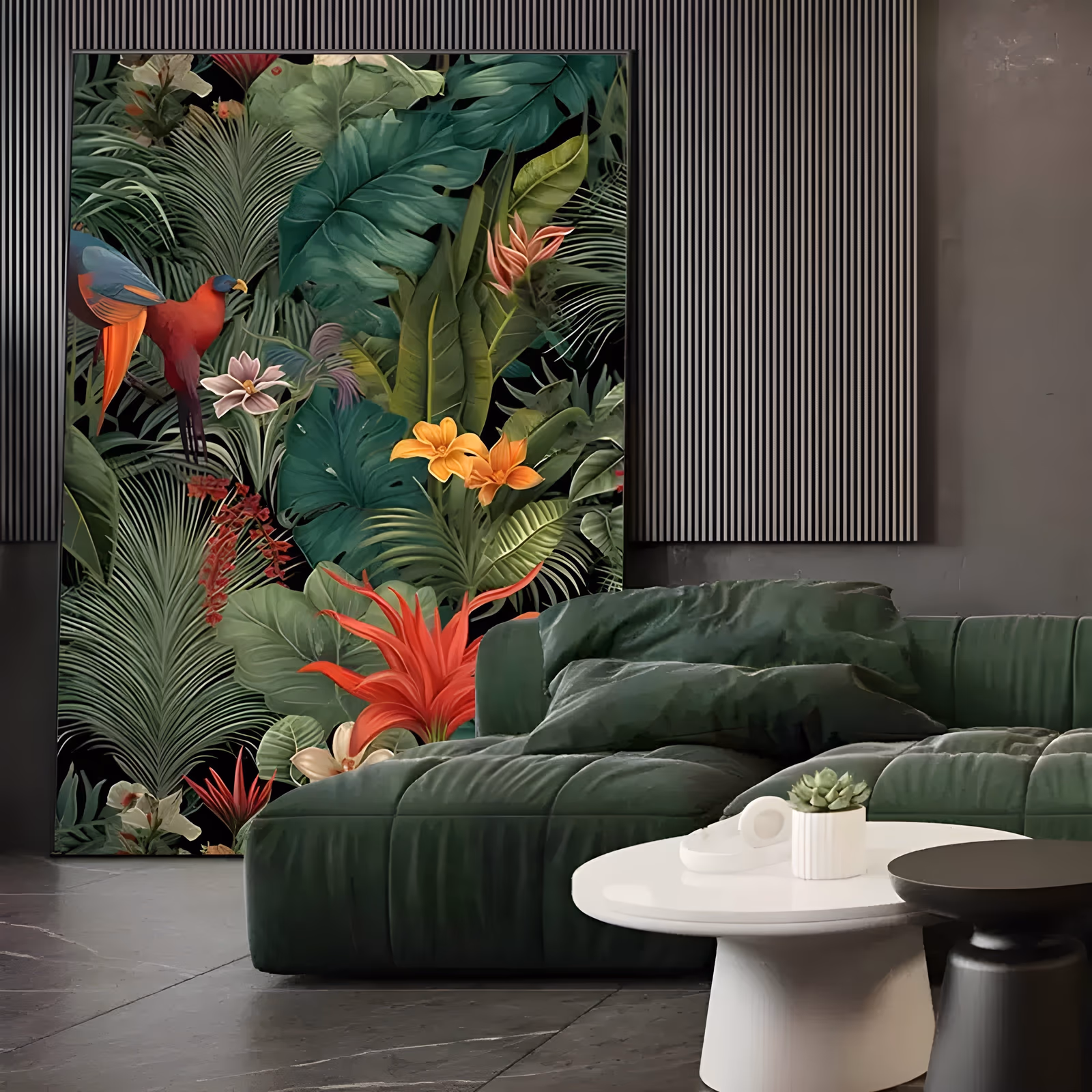 a large vertical realist painting of a red and blue bird perched at the upper left in a dense wall of tropical foliage, monstera and palm leaves with orange and pink flowers on a black ground, in oil