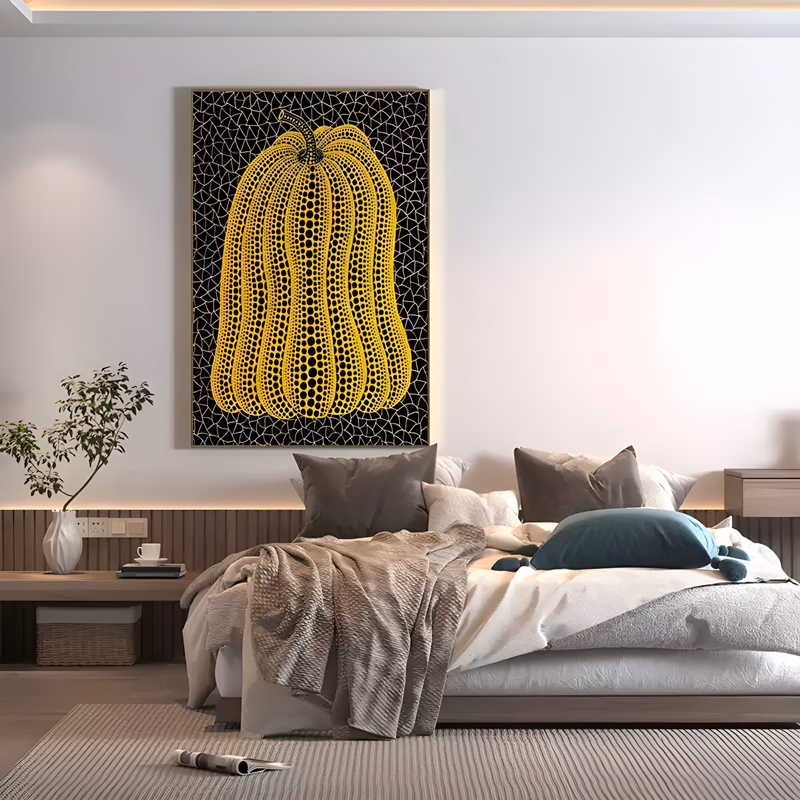 a large vertical pop art painting of a bright yellow pumpkin covered in rows of black dots, centered on a black ground webbed with thin white net lines, in flat hand-painted acrylic