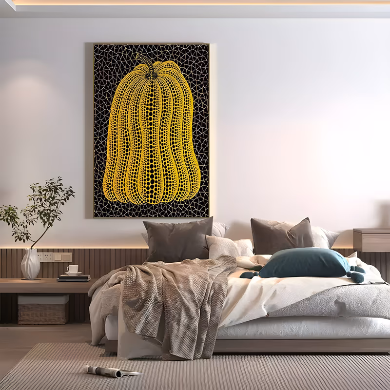 a large vertical pop art painting of a bright yellow pumpkin covered in rows of black dots, centered on a black ground webbed with thin white net lines, in flat hand-painted acrylic