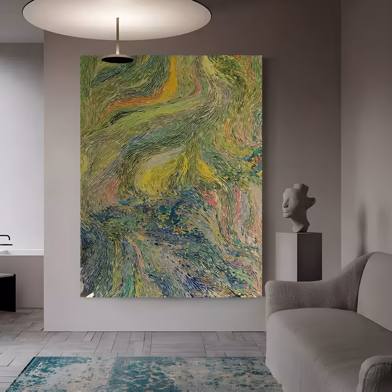 a large vertical abstract painting built from fine extruded ribbons of paint that curl and swirl over the surface, olive and chartreuse above shifting to teal and cobalt below with flecks of pink and orange