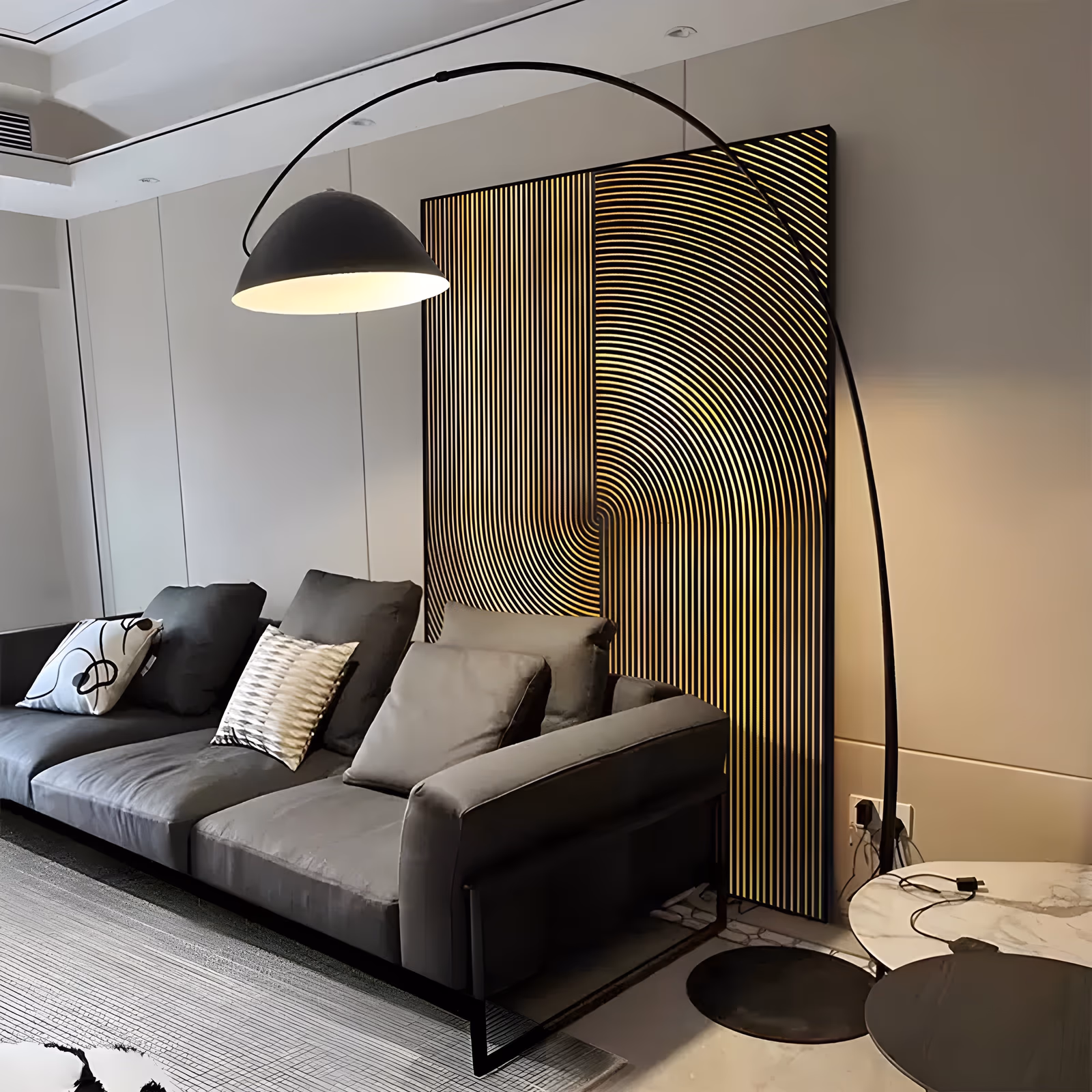 a large vertical minimalist relief panel of closely spaced black slats, a wide arc of concentric lines curving up the right side and catching warm brass gold light along every ridge, in carved wood-look relief
