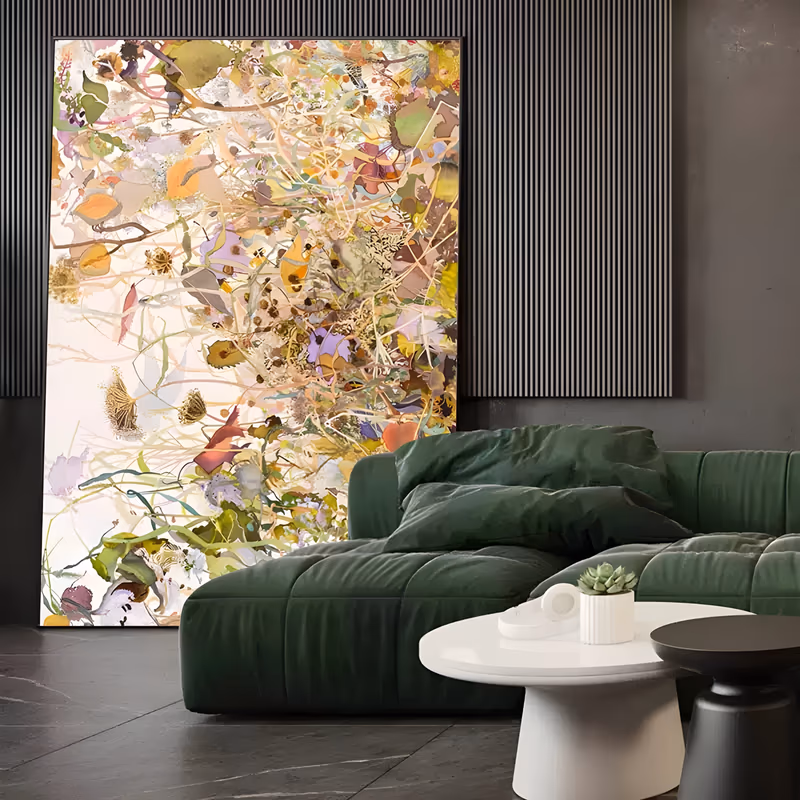 a large vertical botanical painting of dried seed heads, thistles and curling stems scattered over a cream ground in ochre, olive, lilac and rust, in fine hand-painted acrylic