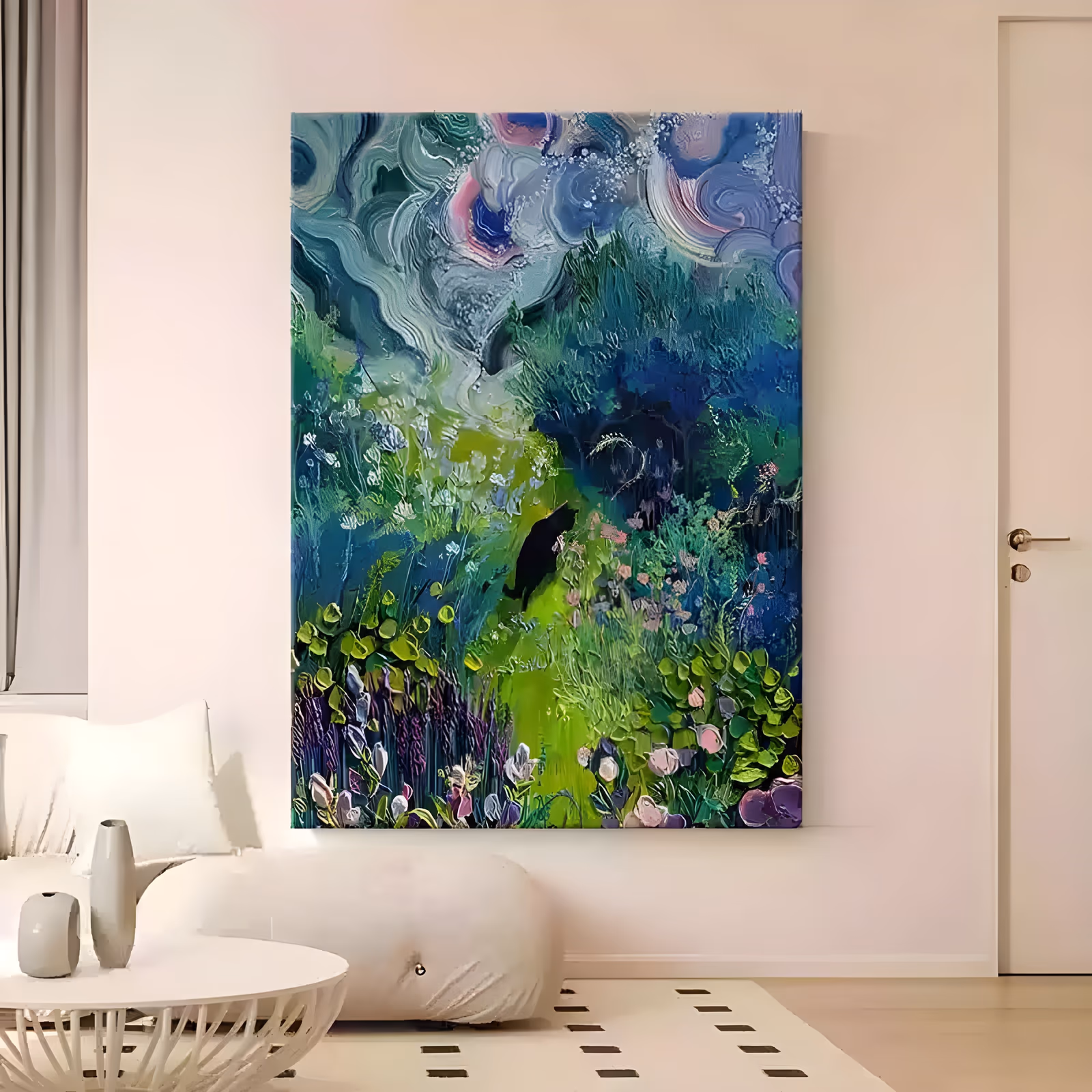 a large vertical impressionist painting of a small black cat sitting on a lime green path, dense blue and green foliage on either side, a swirling teal and violet sky above, in heavy impasto relief