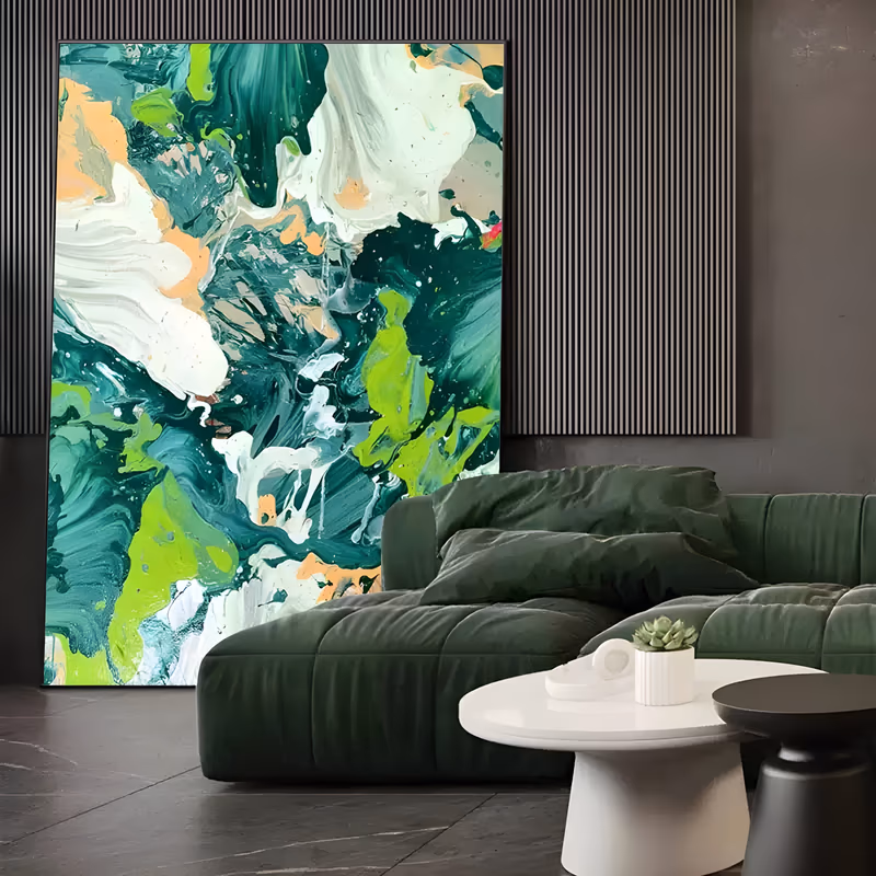 a large vertical abstract painting of poured paint currents in emerald, teal and white, cut through by ribbons of bright lime and soft peach, the flow moving diagonally down the canvas, in thick glossy acrylic