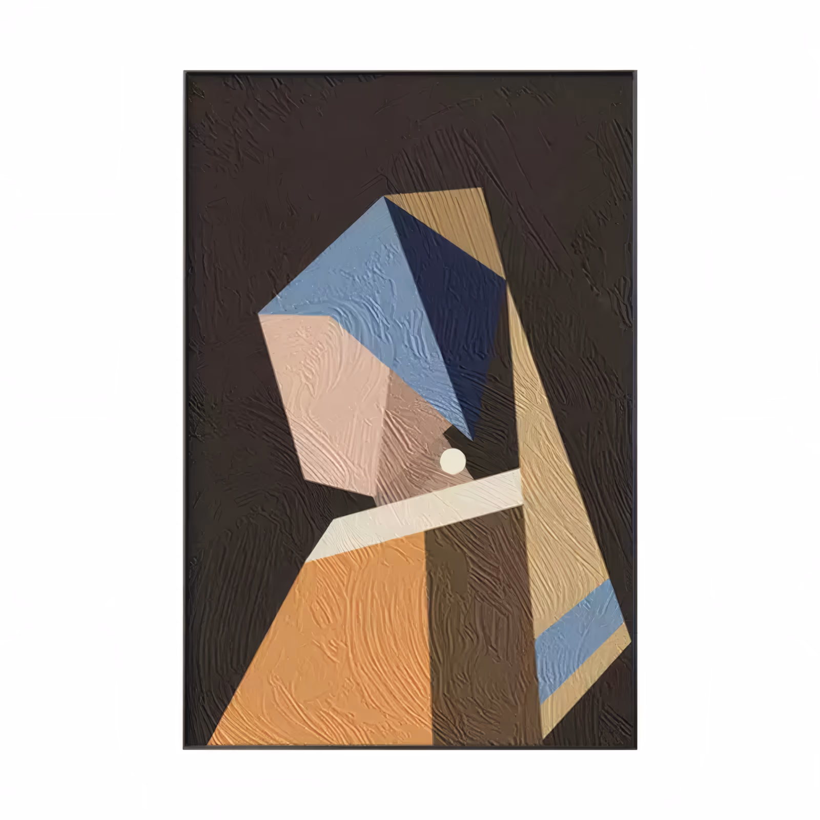 a large vertical abstract painting of a woman in profile built from faceted planes, a navy and blue headscarf, tan and pink face, cream collar and orange bodice on a near-black ground, in thick sculpted impasto