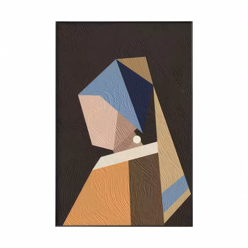 a large vertical abstract painting of a woman in profile built from faceted planes, a navy and blue headscarf, tan and pink face, cream collar and orange bodice on a near-black ground, in thick sculpted impasto