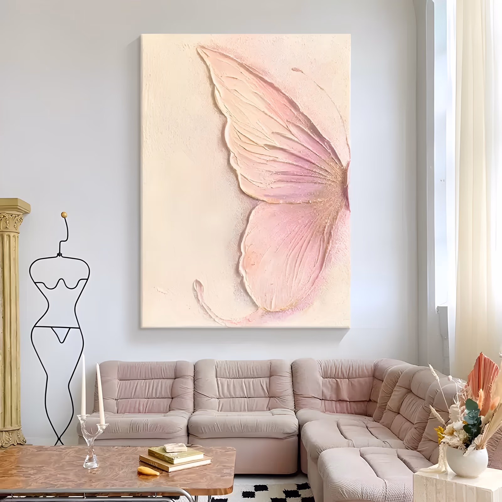 a large vertical relief painting of one pale pink butterfly wing opening on the right of a cream plaster ground, its veins carved into raised ridges, the left half empty and softly textured