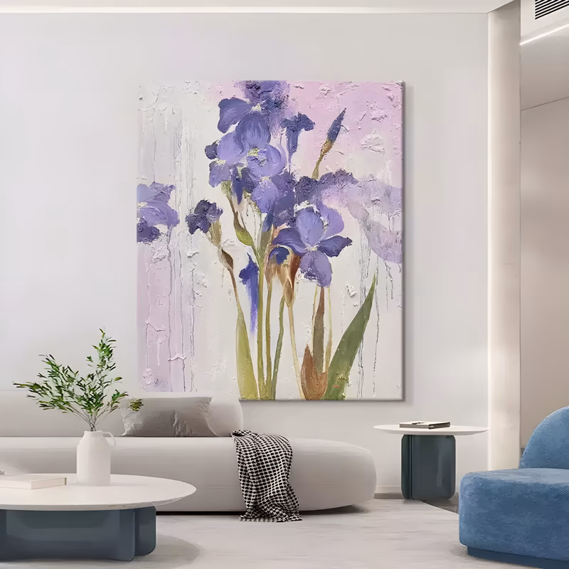 a large vertical textured painting of violet and deep purple irises with green blade leaves standing upright at center, on a white and lilac ground streaked with thin paint drips, in thick palette-knife oil