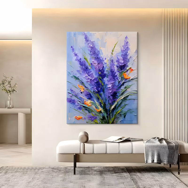 a tall textured painting of a lavender bouquet fanning upward from the lower center, purple flower spikes and long green leaves against a pale blue sky, with small orange blooms, in heavy knife-laid acrylic