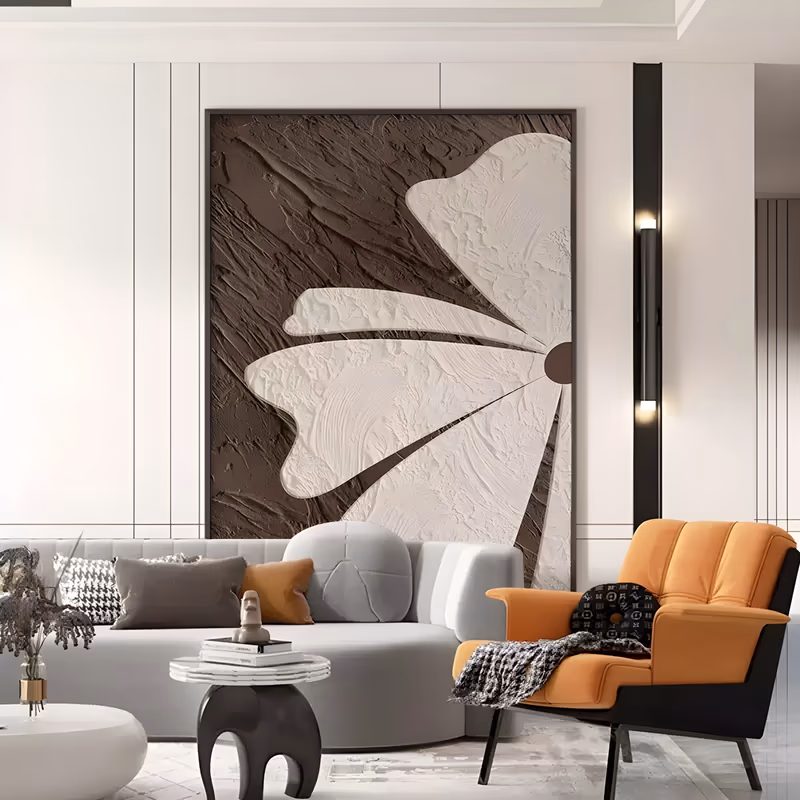 a large vertical relief painting of three giant white petals fanning out from a small brown disc on the right, their sculpted edges raised above a dark chocolate brown troweled ground, in plaster and acrylic