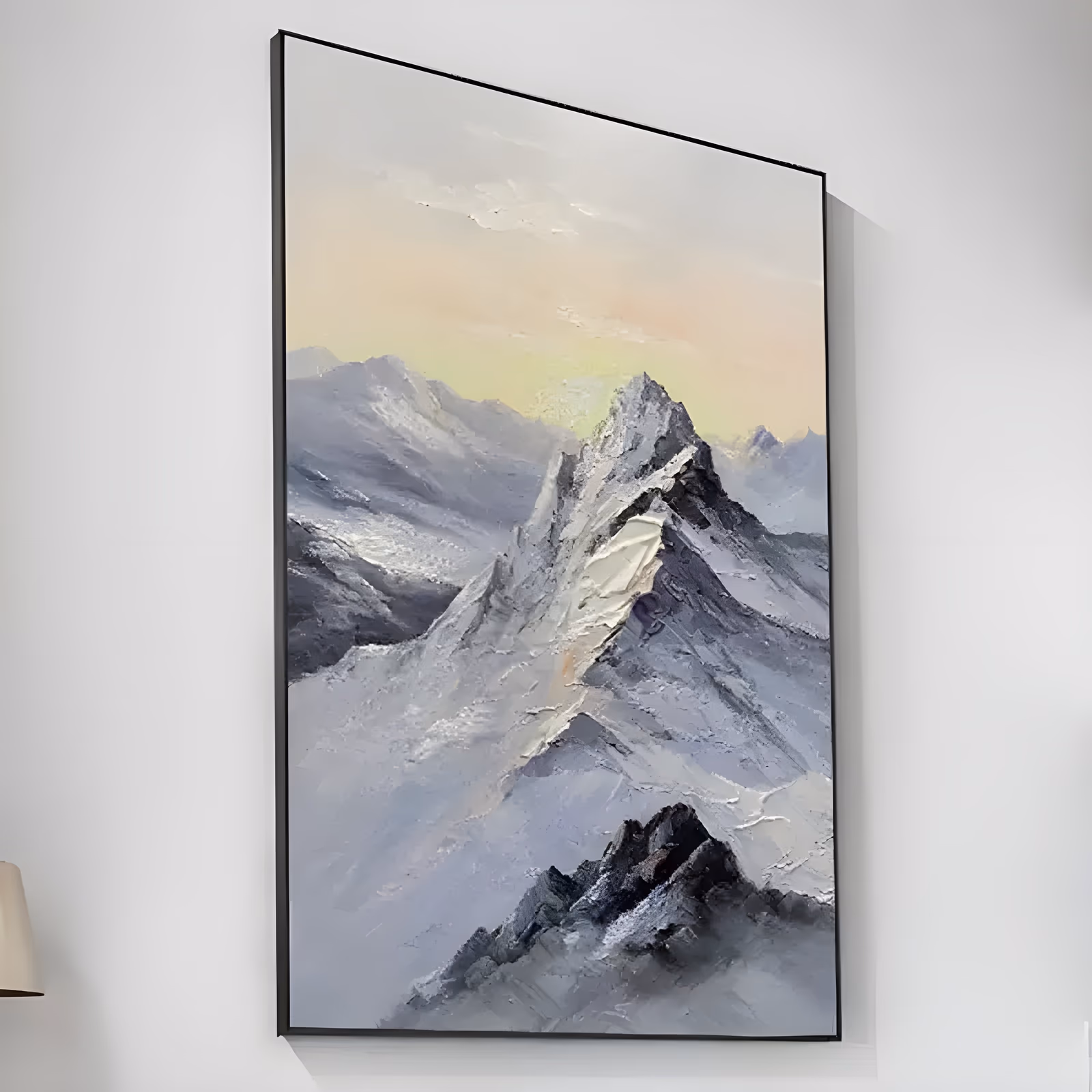 a large vertical impressionist alpine painting of a sharp snow-covered ridge at center, gray and charcoal rock breaking through the drifts, with a pale peach and yellow dawn sky behind, in ridged impasto