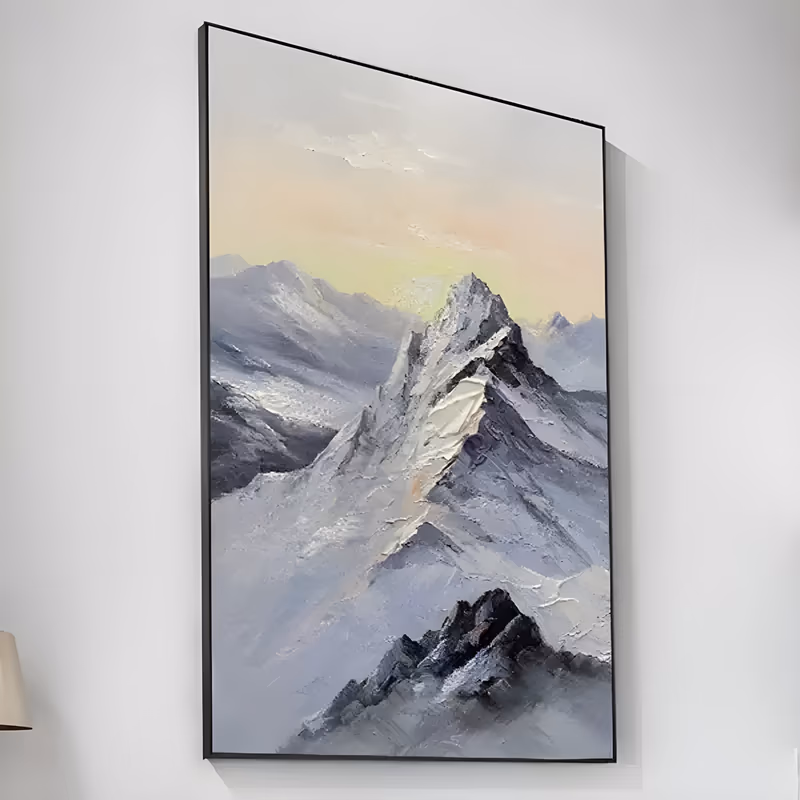 a large vertical impressionist alpine painting of a sharp snow-covered ridge at center, gray and charcoal rock breaking through the drifts, with a pale peach and yellow dawn sky behind, in ridged impasto