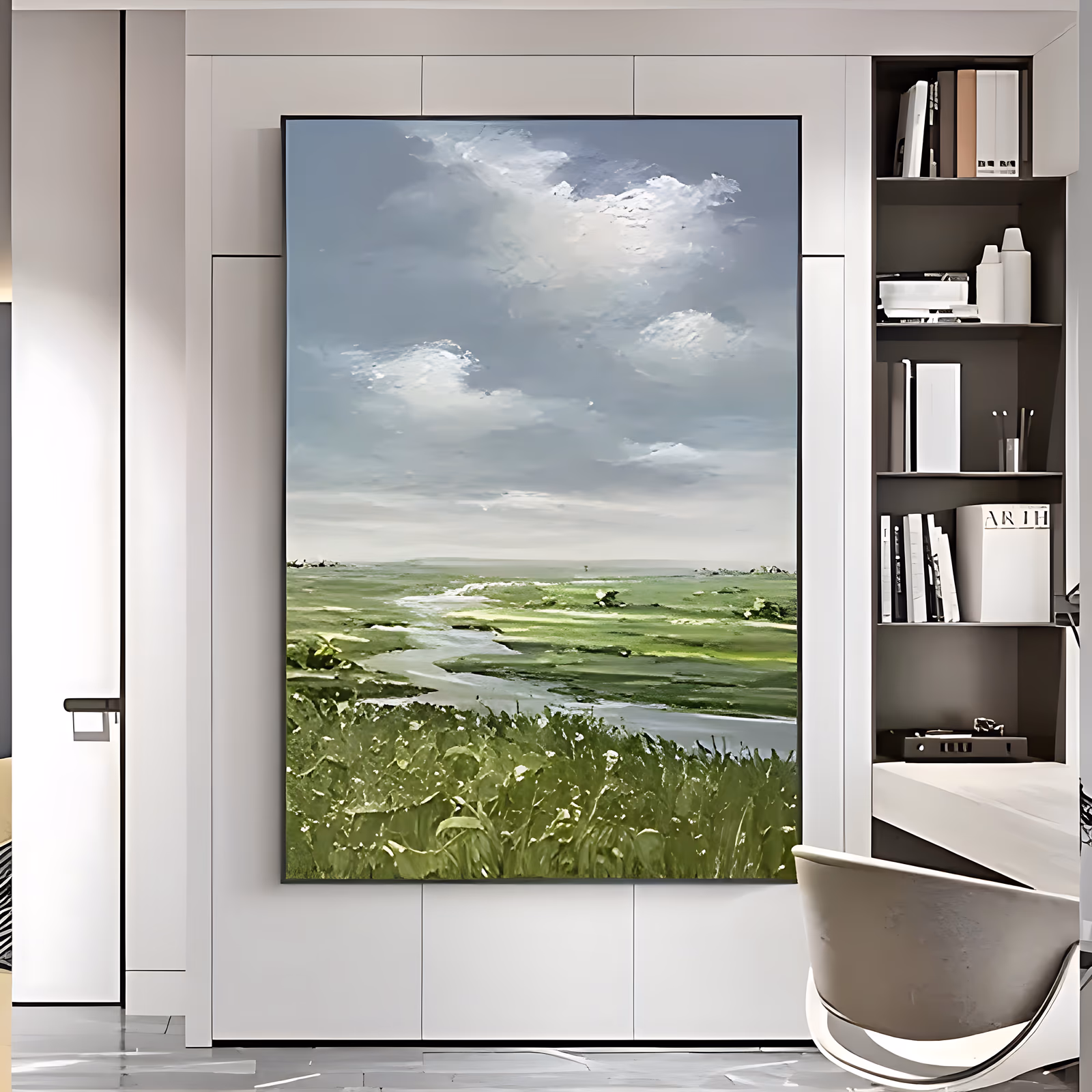 a large vertical impressionist painting of a green meadow with a pale river winding from the horizon to the foreground, thick white and gray clouds filling the sky above, in heavy palette-knife oil