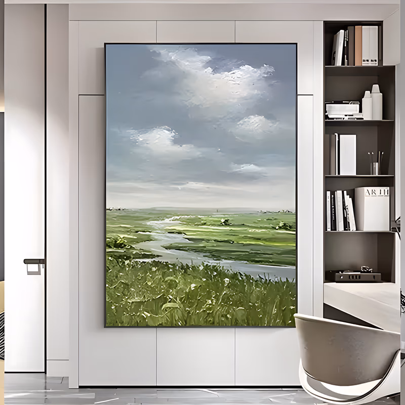 a large vertical impressionist painting of a green meadow with a pale river winding from the horizon to the foreground, thick white and gray clouds filling the sky above, in heavy palette-knife oil