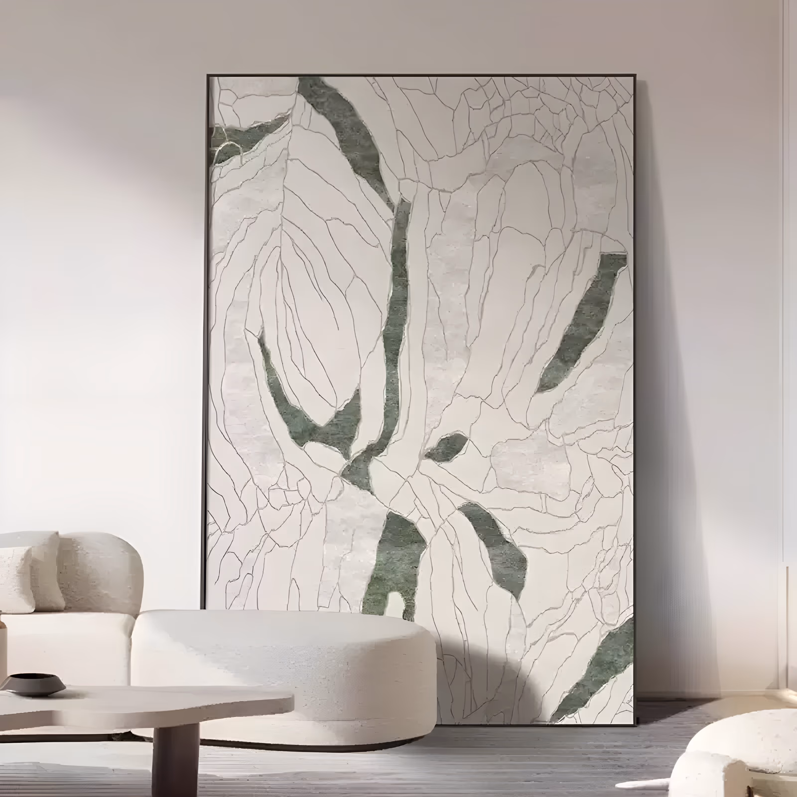 a large vertical minimalist painting of overlapping pale leaf shapes drawn in a fine network of dark crackle lines, with sage green fragments scattered through a cream and white field, in crackled acrylic