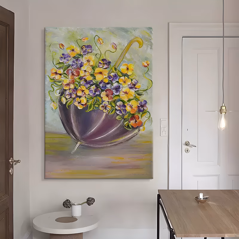 a large vertical still life of an upturned purple umbrella filled with yellow, violet and orange pansies against a pale green ground, worked in thick palette-knife impasto
