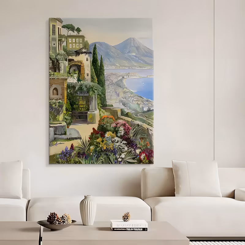 a large vertical impressionist oil painting of a terraced italian garden with pale villas, cypress trees and a bank of red and white flowers in front, looking down on a blue bay with a volcano beyond, in knife-laid paint