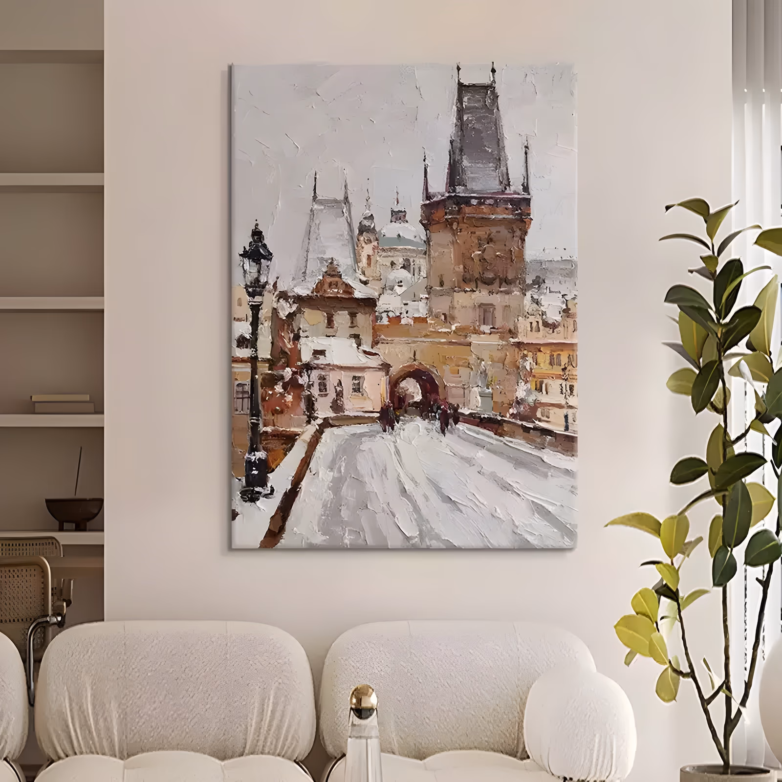 a large vertical impressionist oil painting of a snow-covered Prague street, the dark-roofed Gothic bridge tower at center right, a black lamppost at left and small figures under the arch, in thick knife-laid paint