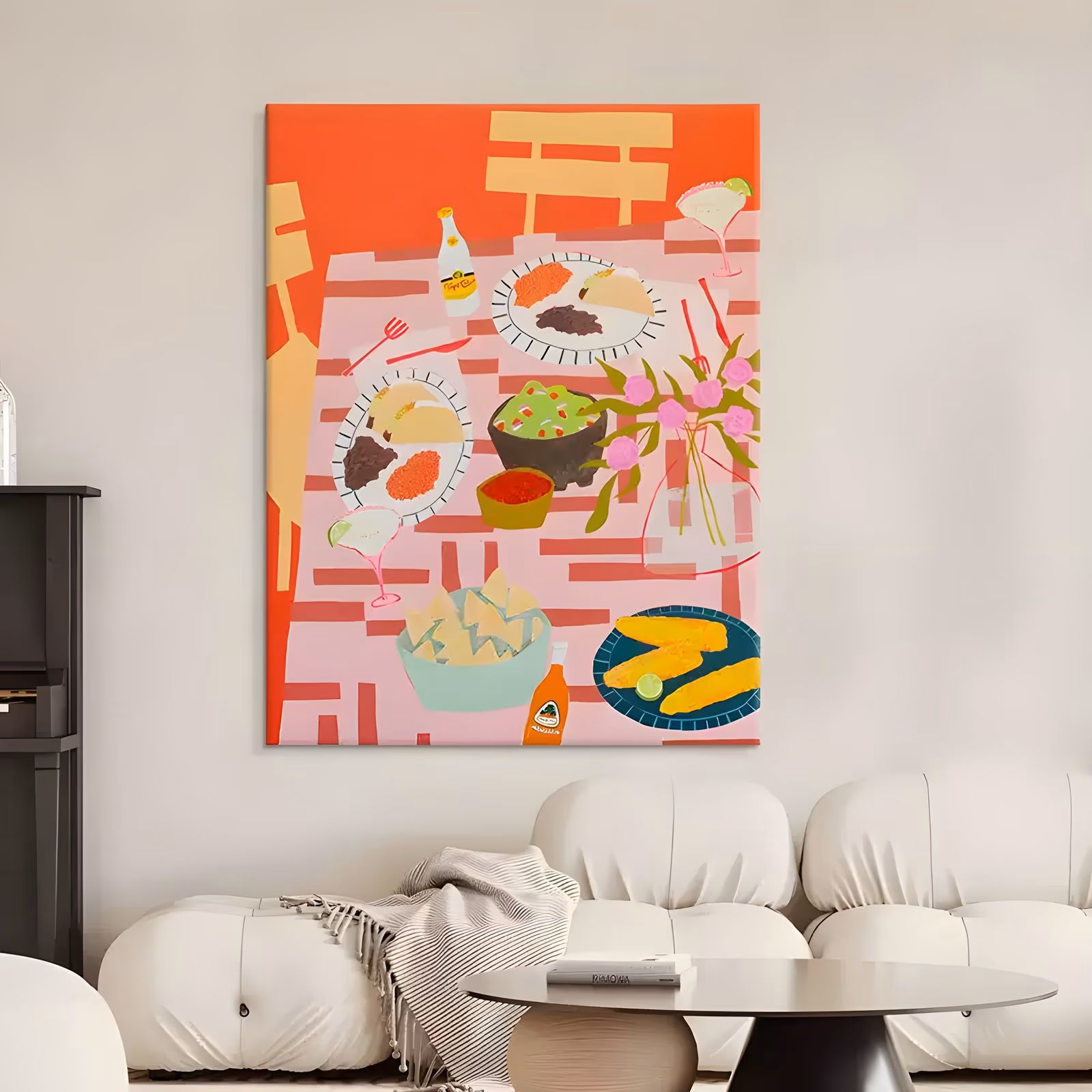 a large vertical illustrative painting of a mexican table spread, plates of tacos with salsa and beans, guacamole, margaritas, chips and pink roses on a pink striped cloth over hot orange, in flat matte acrylic