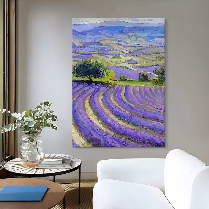 a large vertical palette-knife painting of curving purple lavender rows sweeping up from the lower edge, with a lone green tree, patchwork fields and blue hills beyond, in short thickly loaded strokes