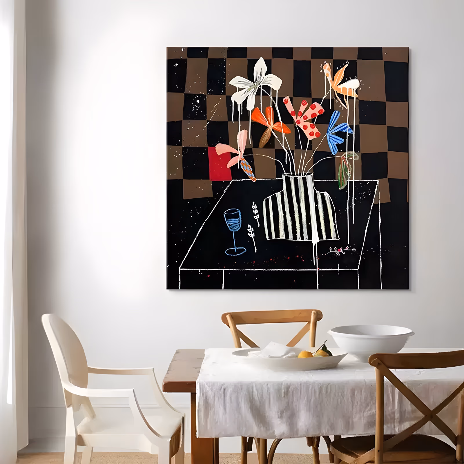a large square naive still life painting of white, orange and red-spotted flowers in a black and white striped vase on a line-drawn table, against a brown and black checkerboard, in flat matte acrylic