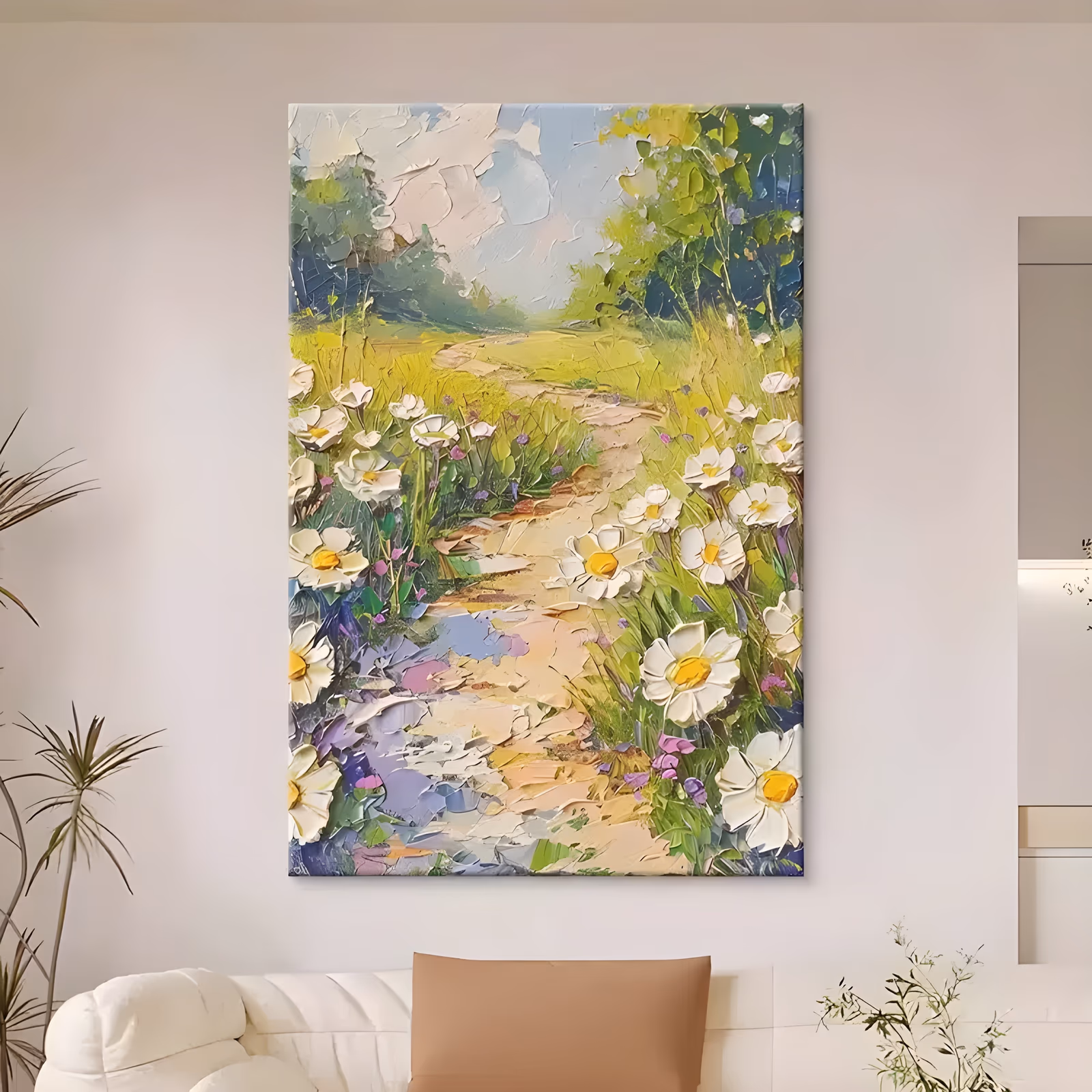 a tall painting of white daisies with yellow centers lining a pale sandy path through a green meadow, with lilac buds low at the left and trees behind, in very thick sculpted palette-knife paint