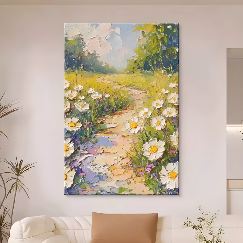a tall painting of white daisies with yellow centers lining a pale sandy path through a green meadow, with lilac buds low at the left and trees behind, in very thick sculpted palette-knife paint