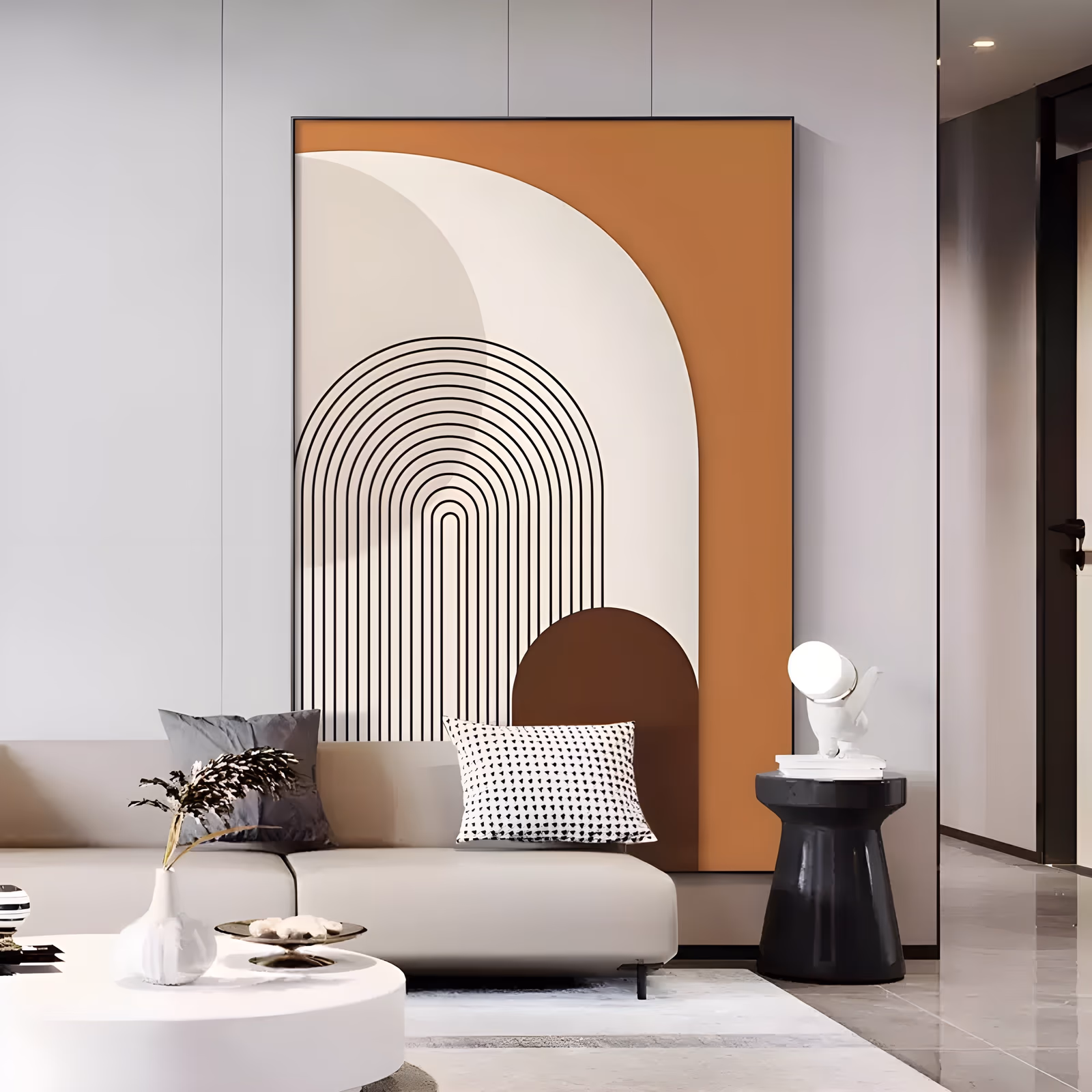 a large vertical minimalist painting of nested thin black arch lines rising from the lower edge over a cream half-circle, set on a burnt orange field with a dark brown dome below, in flat matte acrylic