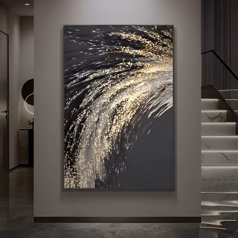 a large vertical abstract painting of a broad black and silver arc sweeping down from the top right, scattered with hundreds of gold and white flecks on a plain gray ground, in layered impasto