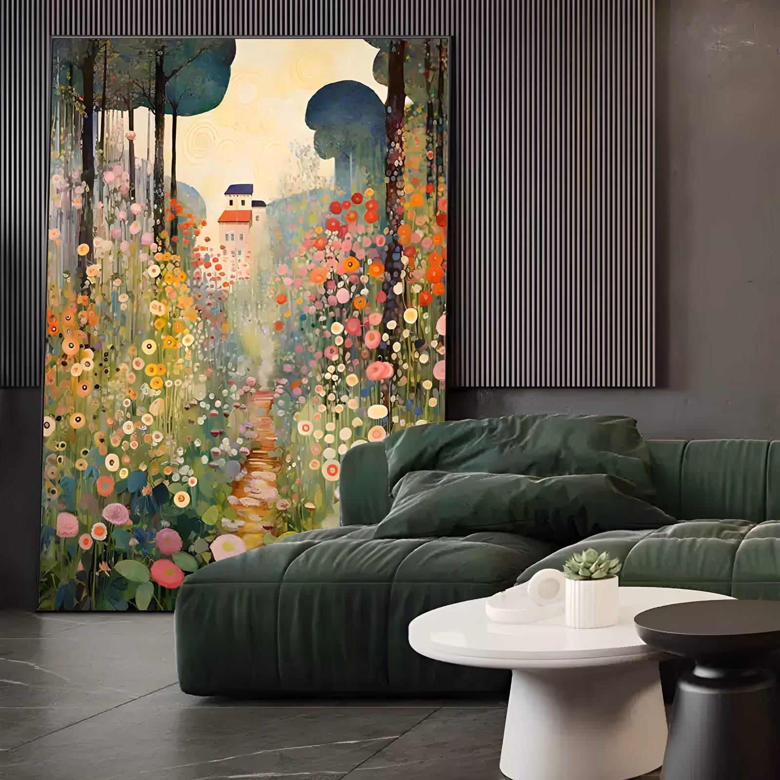a large vertical impressionist painting of a flower garden path leading to a small cottage with a red roof, framed by tall dark trees, with dotted pink, red and yellow blooms in thick impasto