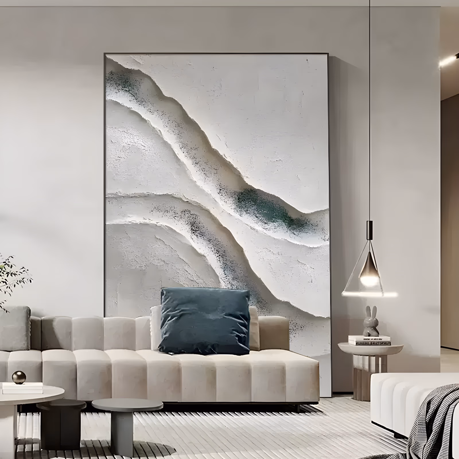 a large vertical relief painting of diagonal white plaster ridges rising from lower left to upper right, split by dark green and charcoal speckled seams on a warm white ground, in heavy sculpted plaster