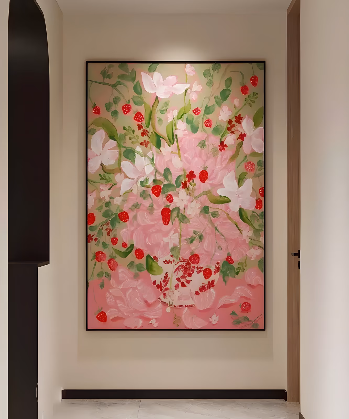 a large vertical floral painting of pink peonies and white blossoms with scattered red strawberries and green leaves rising from a white patterned vase on a soft pink ground, in hand-painted acrylic