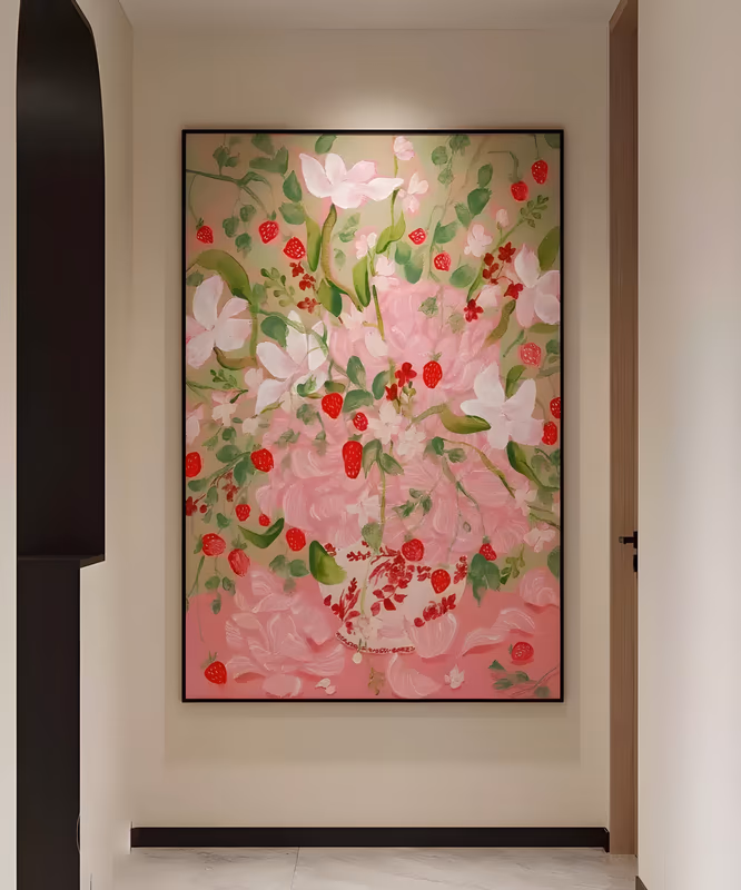 a large vertical floral painting of pink peonies and white blossoms with scattered red strawberries and green leaves rising from a white patterned vase on a soft pink ground, in hand-painted acrylic
