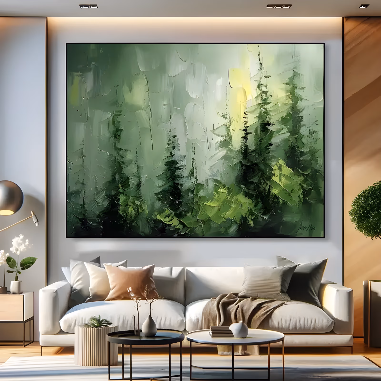 a large horizontal impressionist painting of dark spruce and fir trees standing in green mist, with pale yellow light breaking at the upper right, built in heavy palette-knife impasto