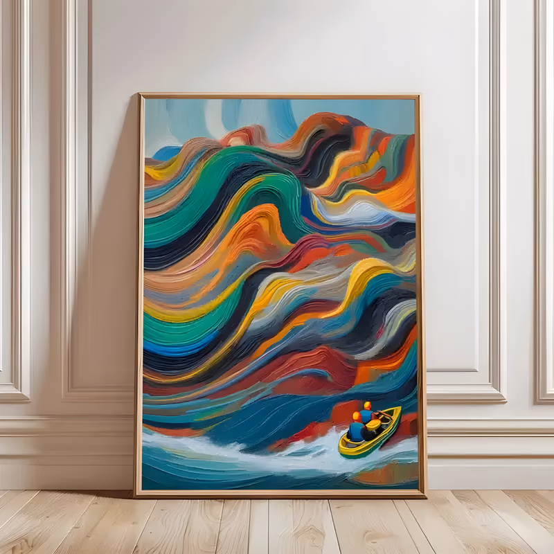 a large vertical abstract painting of a yellow kayak with two paddlers riding rolling waves banded in teal, orange, navy and red, with white foam breaking at the lower edge, in thick swirled oil