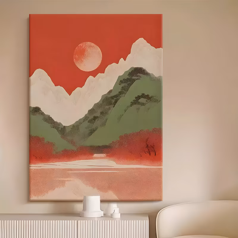 a large vertical stylized landscape painting of cream snow peaks and a green forested ridge under a deep red sky, with a coral sun upper left, crimson scrub at the shoreline and a pale reflecting lake below