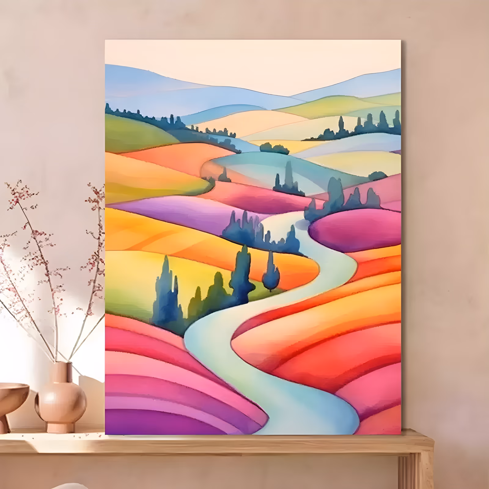 a large vertical flat-style landscape painting of rolling hills in sherbet pink, orange, yellow and purple, with a pale blue river winding down to the foreground and cypress trees on the ridges, in smooth matte paint