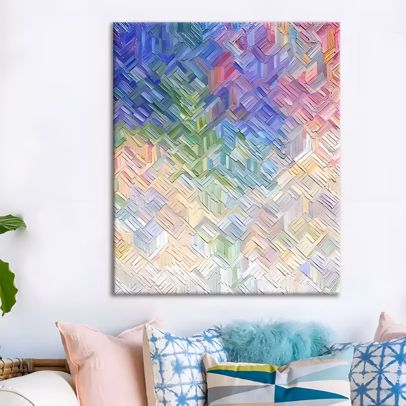 a large vertical textured abstract painting of chevron blocks in thick palette-knife strokes, lilac and blue at top left, pink at top right, mint green in the middle and peach fading to white below, in impasto oil