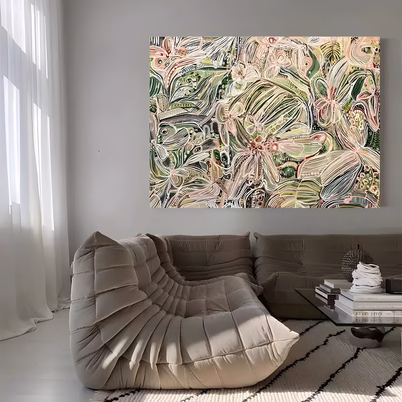 a wide horizontal maximalist botanical painting of overlapping leaves, fronds and five-petal blossoms drawn in fine white and black linework over sage green, cream and soft pink, in flat acrylic