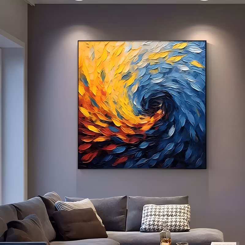 a large square abstract painting of a spiraling vortex built from petal-shaped knife strokes, gold, orange and red on the left turning into deep navy and steel blue on the right, in heavy impasto