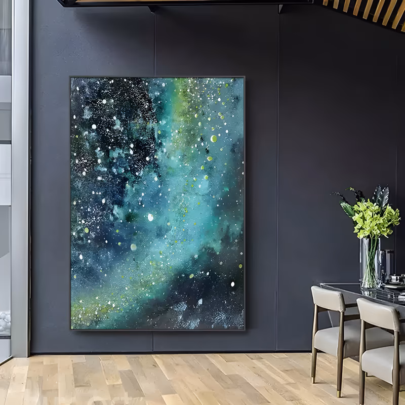 a large vertical abstract painting of a speckled nebula in teal, green and navy, scattered with white and lime dots that thin toward the lower edge, in washed and spattered acrylic