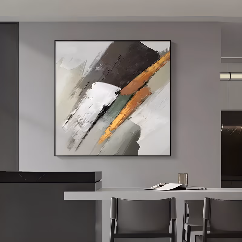 a large square abstract painting of broad diagonal knife strokes in white, gray and dark brown, crossed by a bright orange band running from the lower left to the upper right, in thick palette-knife oil