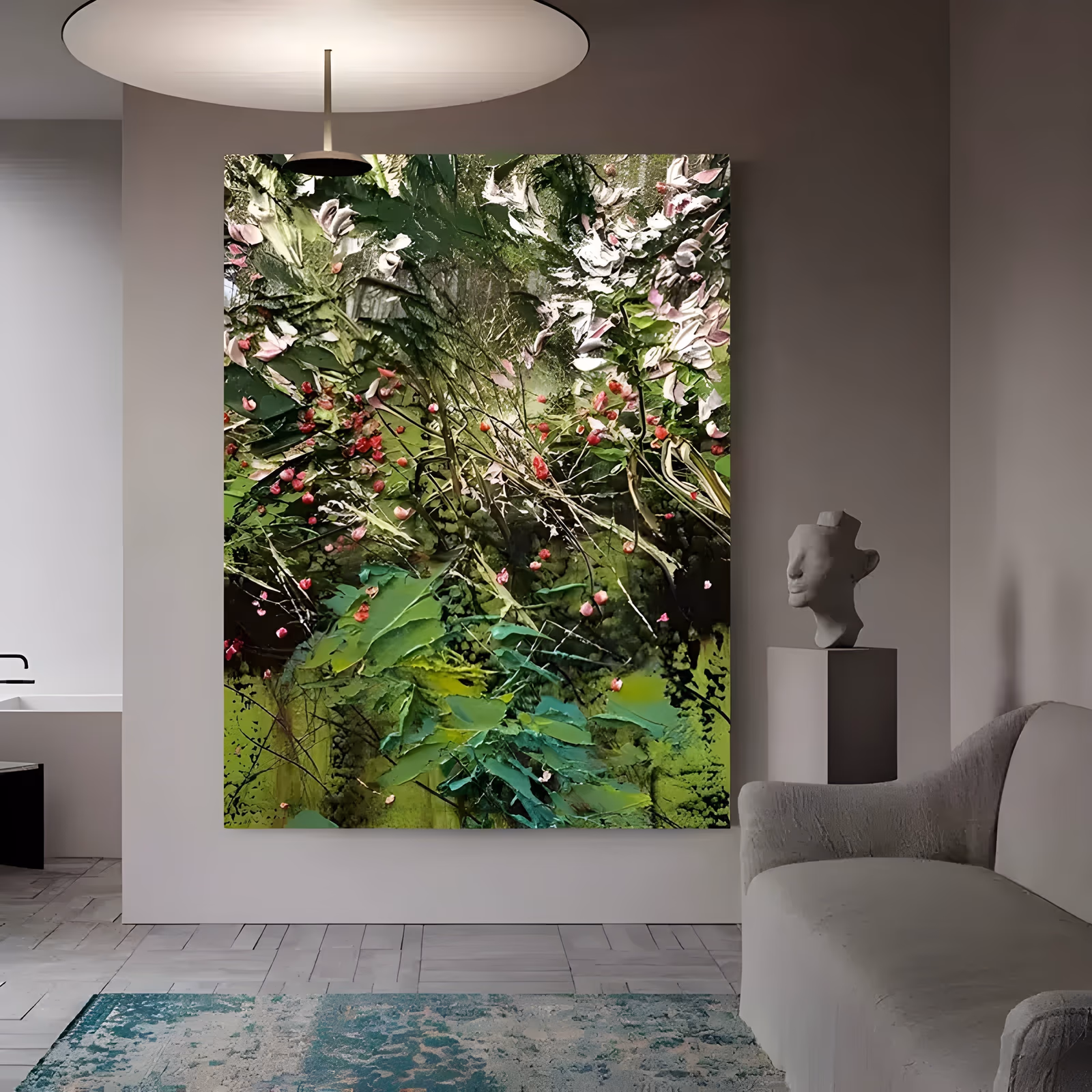 a large vertical impasto painting of a dense garden, deep green and lime foliage filling the lower half and pale pink magnolia blossoms opening along the top, with crimson berries on thin pale stems