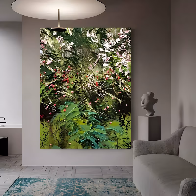 a large vertical impasto painting of a dense garden, deep green and lime foliage filling the lower half and pale pink magnolia blossoms opening along the top, with crimson berries on thin pale stems