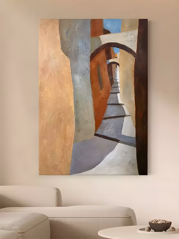 a large vertical wabi-sabi painting of a narrow stepped alley under a stone arch, with an ochre wall on the left, a terracotta wall in the center and gray-lilac steps, in thick textured oil