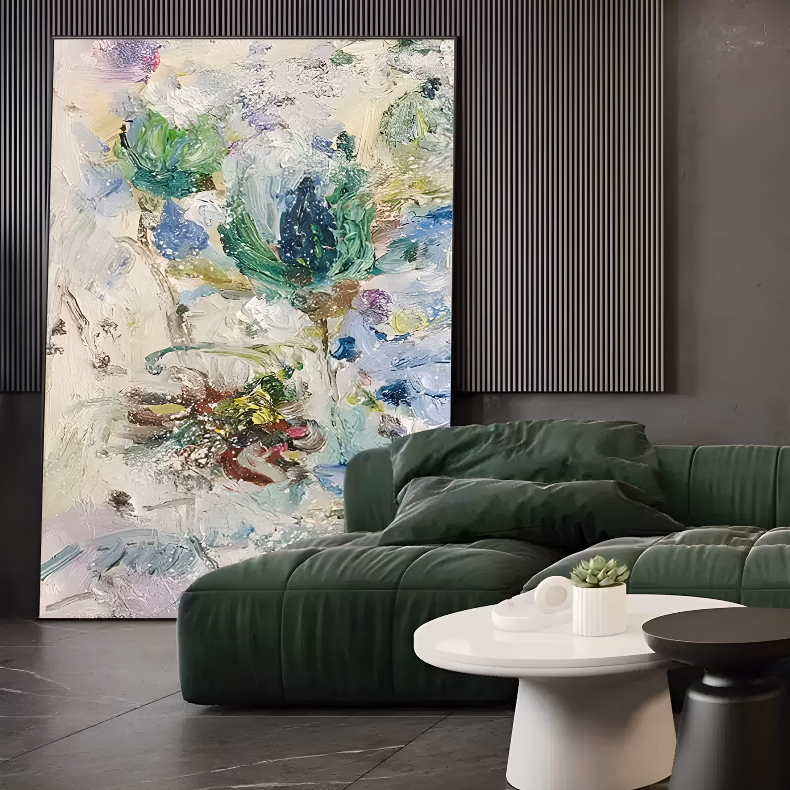 a large vertical abstract floral painting of loose teal, emerald and cobalt blue blossoms massed at the center of a cream ground, with red and yellow flecks low left, in heavy impasto