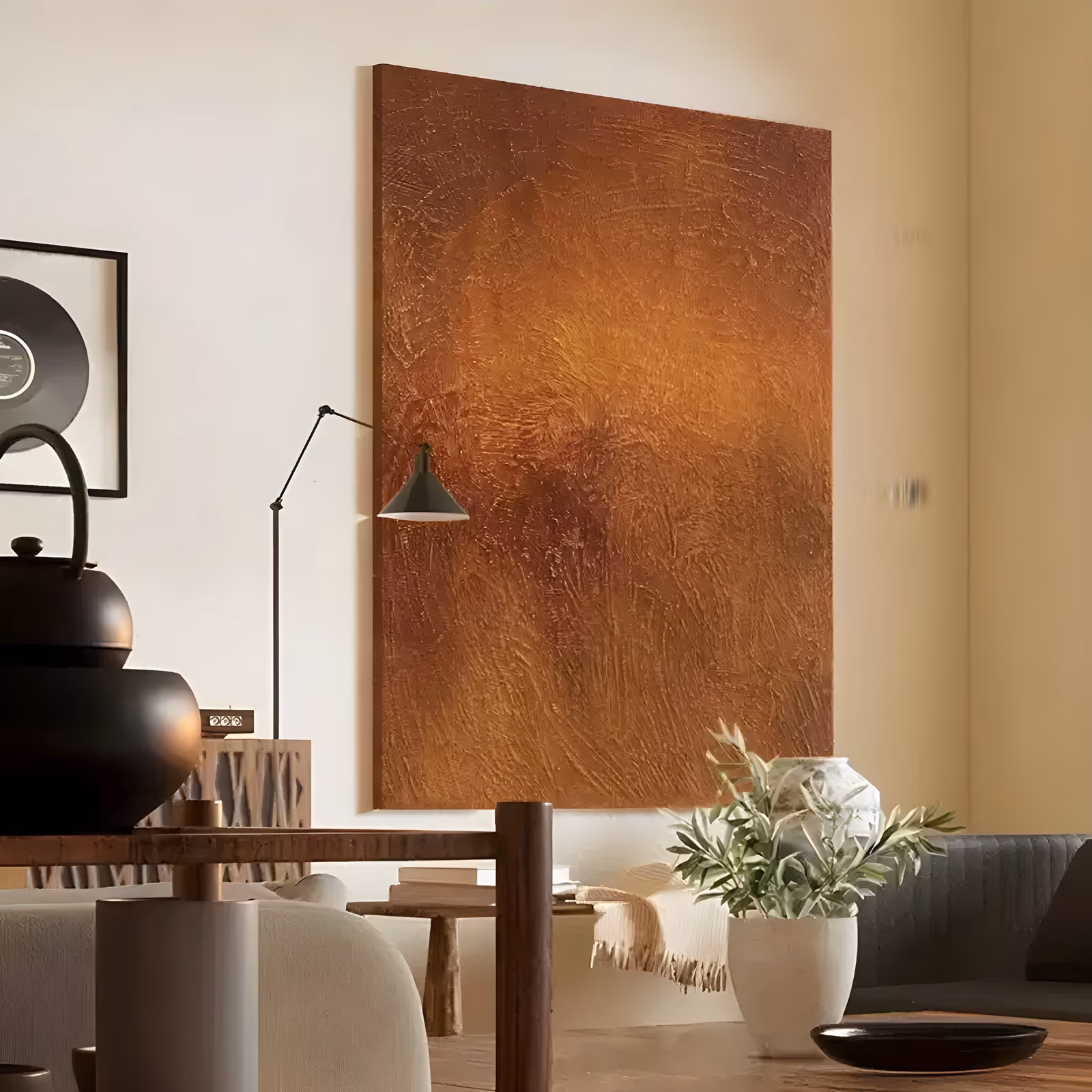 a large vertical color field painting of a single rust copper surface with sweeping trowel marks and a lighter amber glow near the center, in thick hand-troweled paint